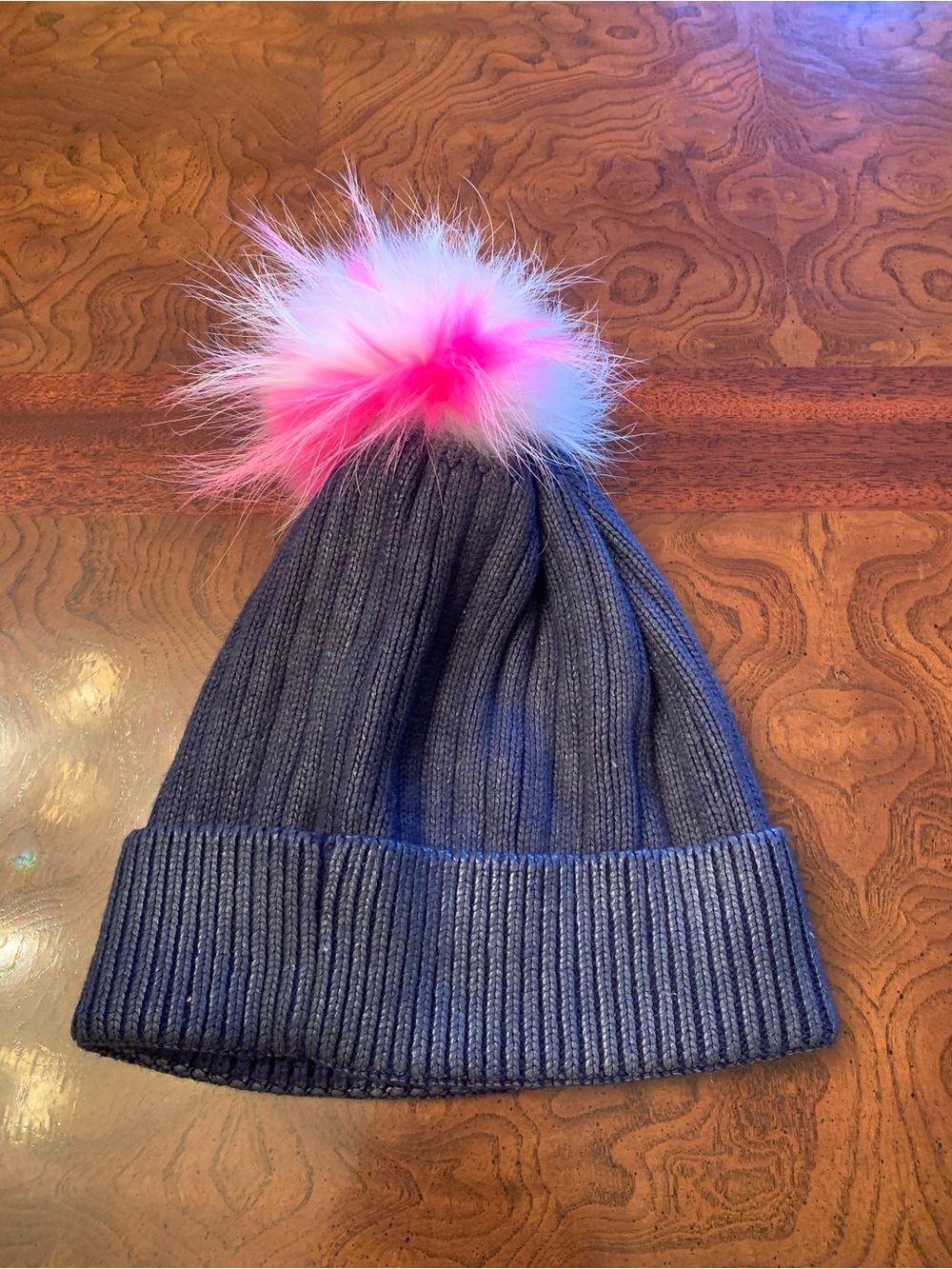 Kids Navy Knit Beanie with multicolor Pink-White-Black Faux Fur Pom